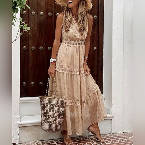 Charlie Charlie Charlotte Apricot Lace Sleeveless Empire Waist Maxi Dress - Picture 1 of 13